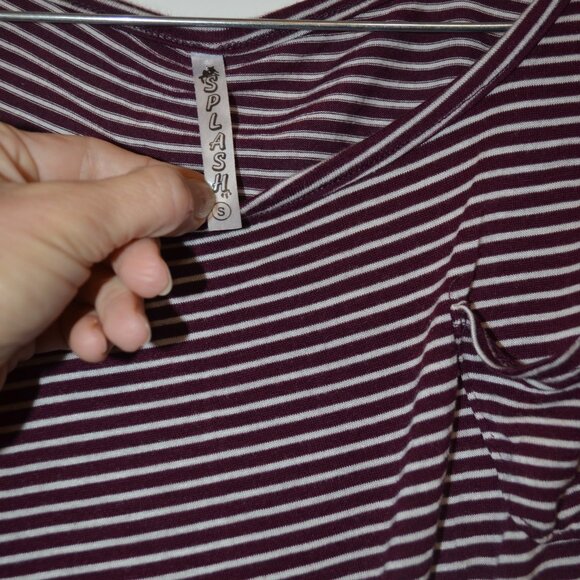 SPLASH Brown-White Stripes Pattern Small Front Pocket Tied Waist Rayon Top S - Picture 6 of 6